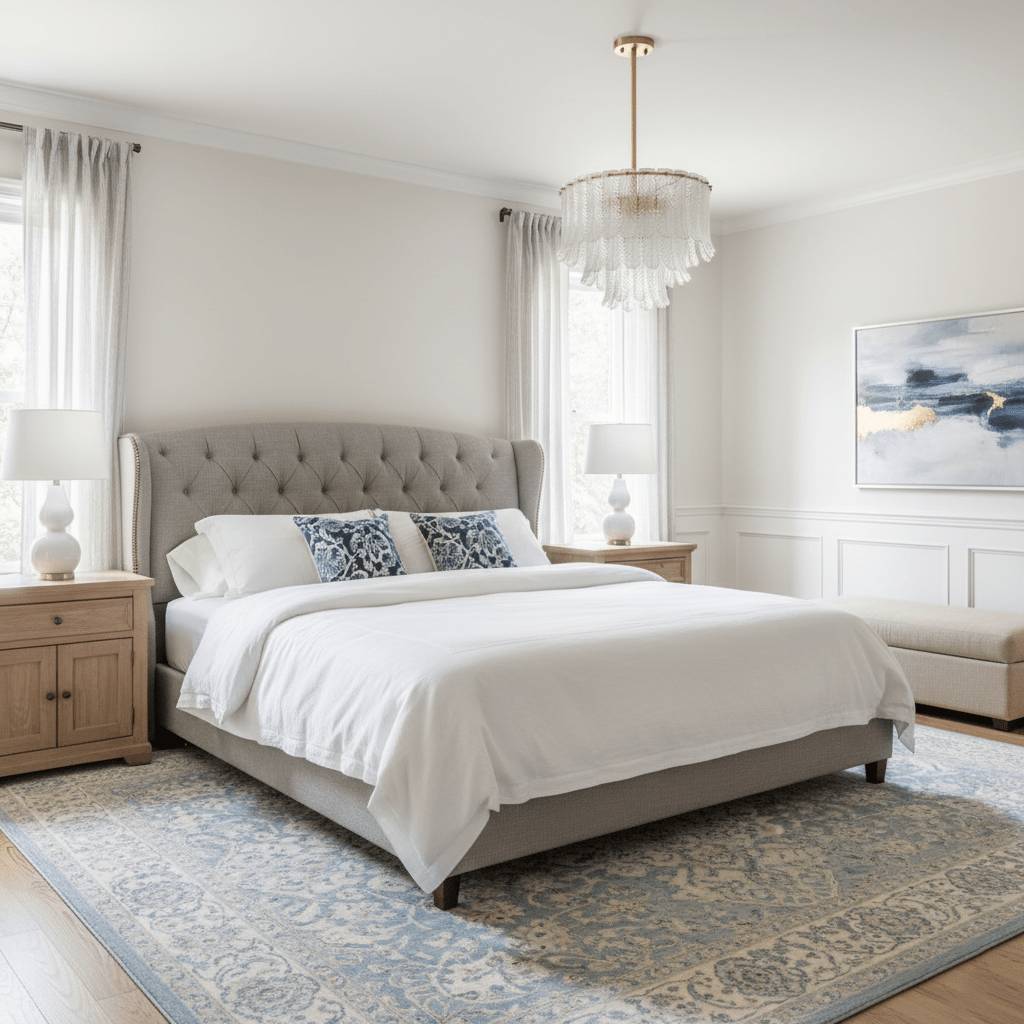 A Clérachic pendant of pale glass leaves hangs in a bedroom, above a bed with a grey tufted headboard and white linen.