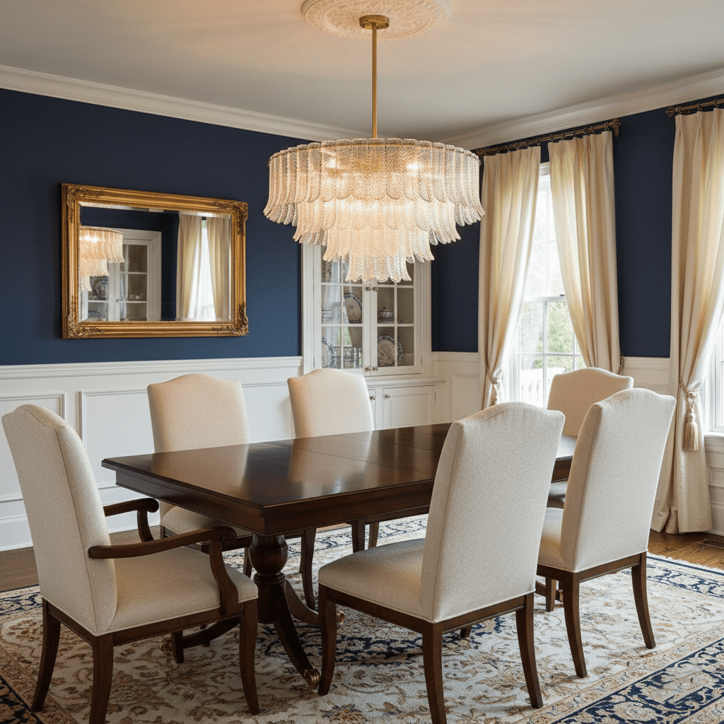 A Clérachic glass leaf pendant hangs in a dining room with navy walls, cream chairs and a gold-framed mirror.