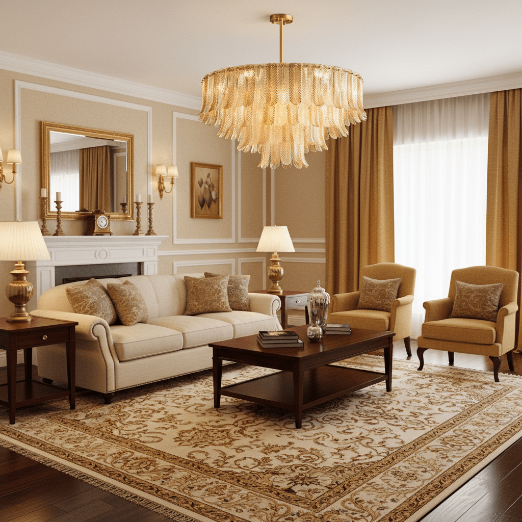 In a living room with brown curtains and a cream sofa, a Clérachic amber glass leaf pendant hangs above a dark coffee table.