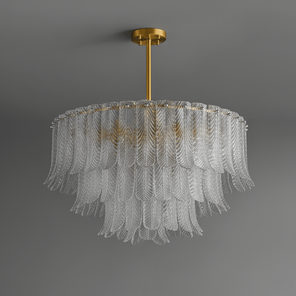 A Clérachic pendant of clear glass leaves in layered tiers hangs from a brass rod, shown against a mid-grey backdrop.