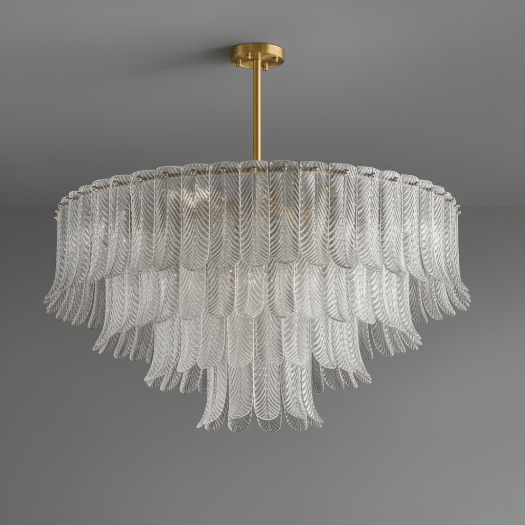 A wide Clérachic pendant with three tiers of clear ribbed glass leaves hangs from a brass rod against grey.
