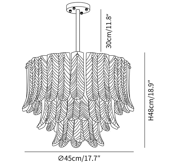 Clérachic light dimension drawing, 1 of 5, every measurement marked in centimetres and inches.