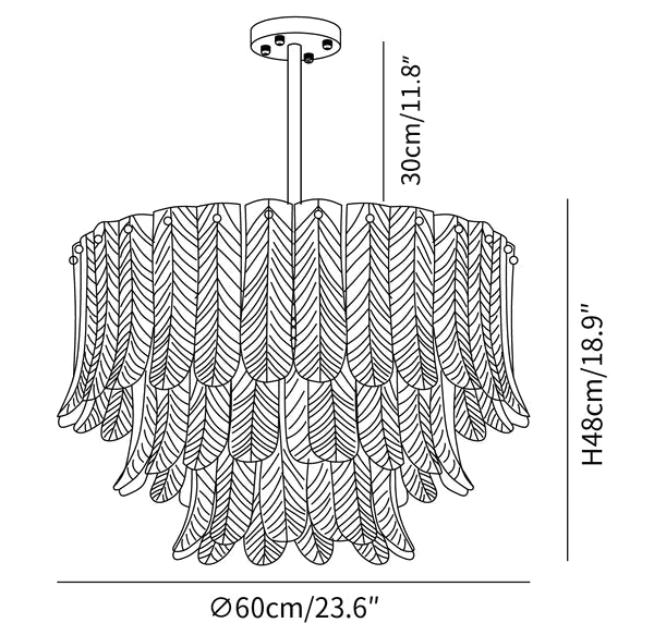 Clérachic light dimension drawing, 2 of 5, every measurement marked in centimetres and inches.