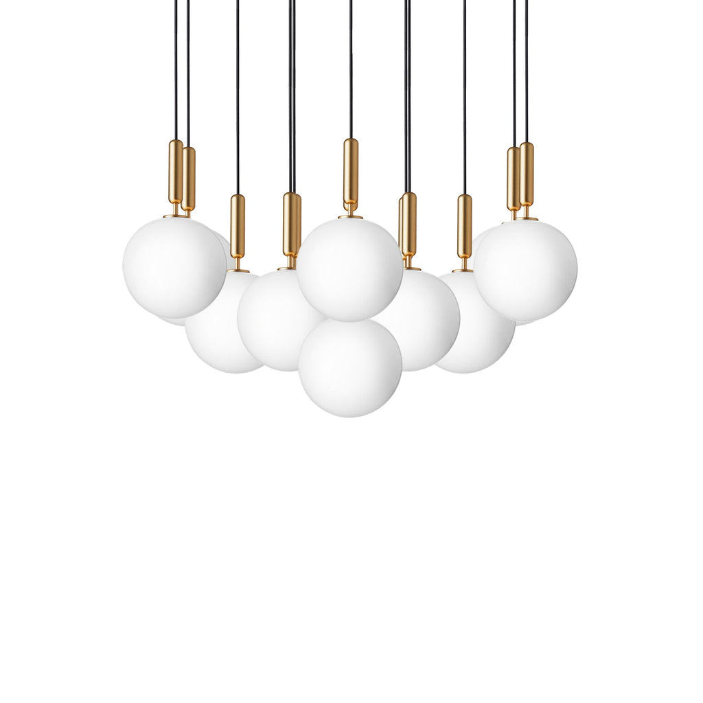 Wide Clérachic cluster of pendants with white opal globes on brass rods, shown unlit on a white background.