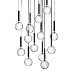 A tall cascade of Clérachic pendants with clear textured globes on black rods, shown against white.