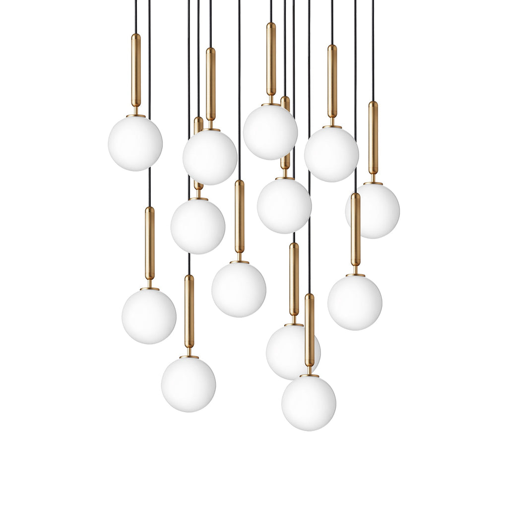 Tall Clérachic cascade of white opal globes on brass rods, hung at many heights on a plain white background.