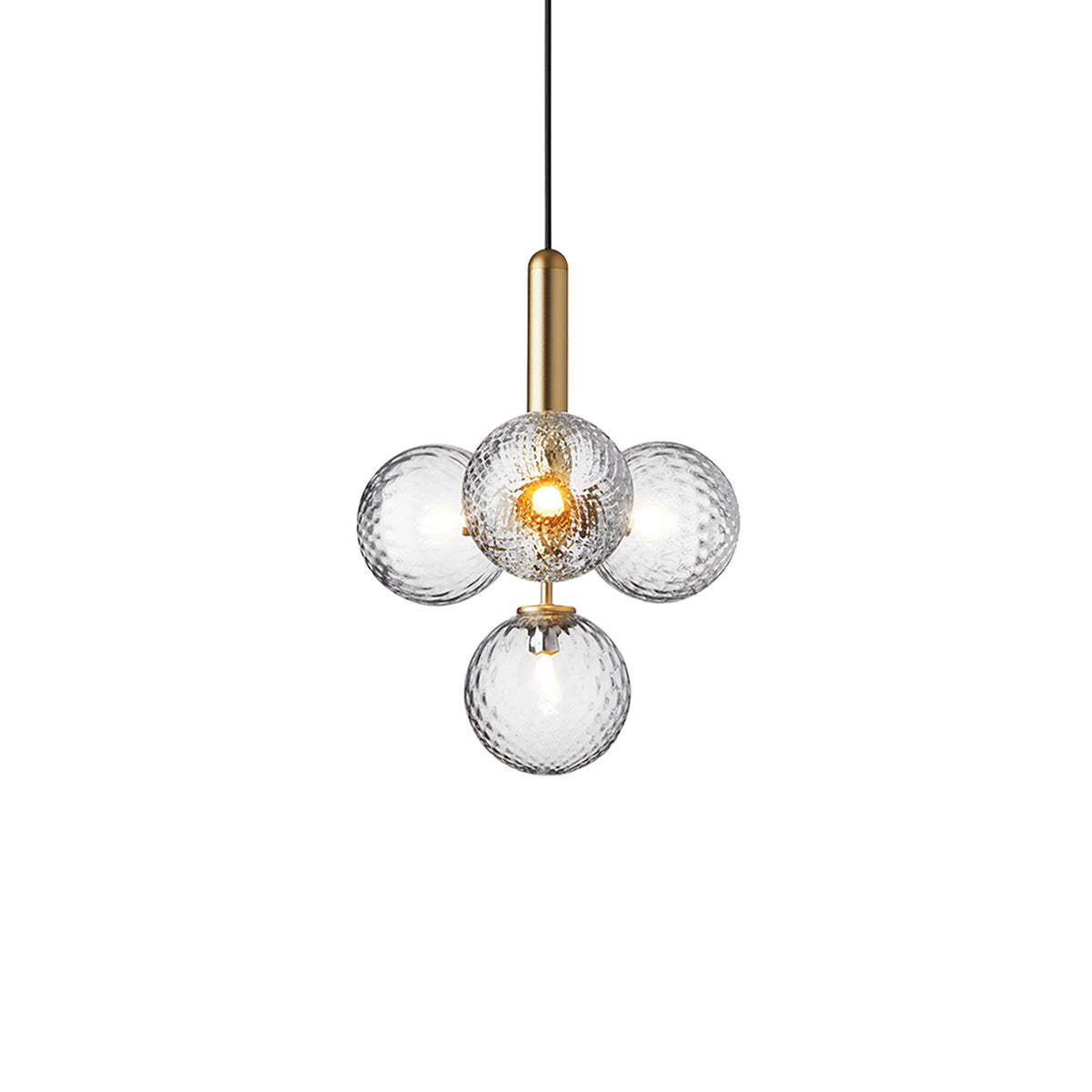 Clérachic pendant with four clear textured globes and a brass rod, centred on a plain white backdrop.