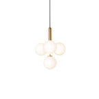 Clérachic four-globe pendant in white opal glass with a brass rod, cut out on a plain white background.