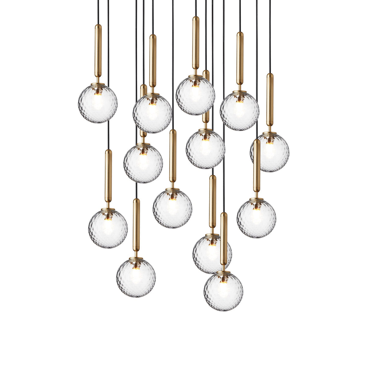 A tall group of Clérachic pendants with clear glass globes on brass rods, shown unlit on a white background.