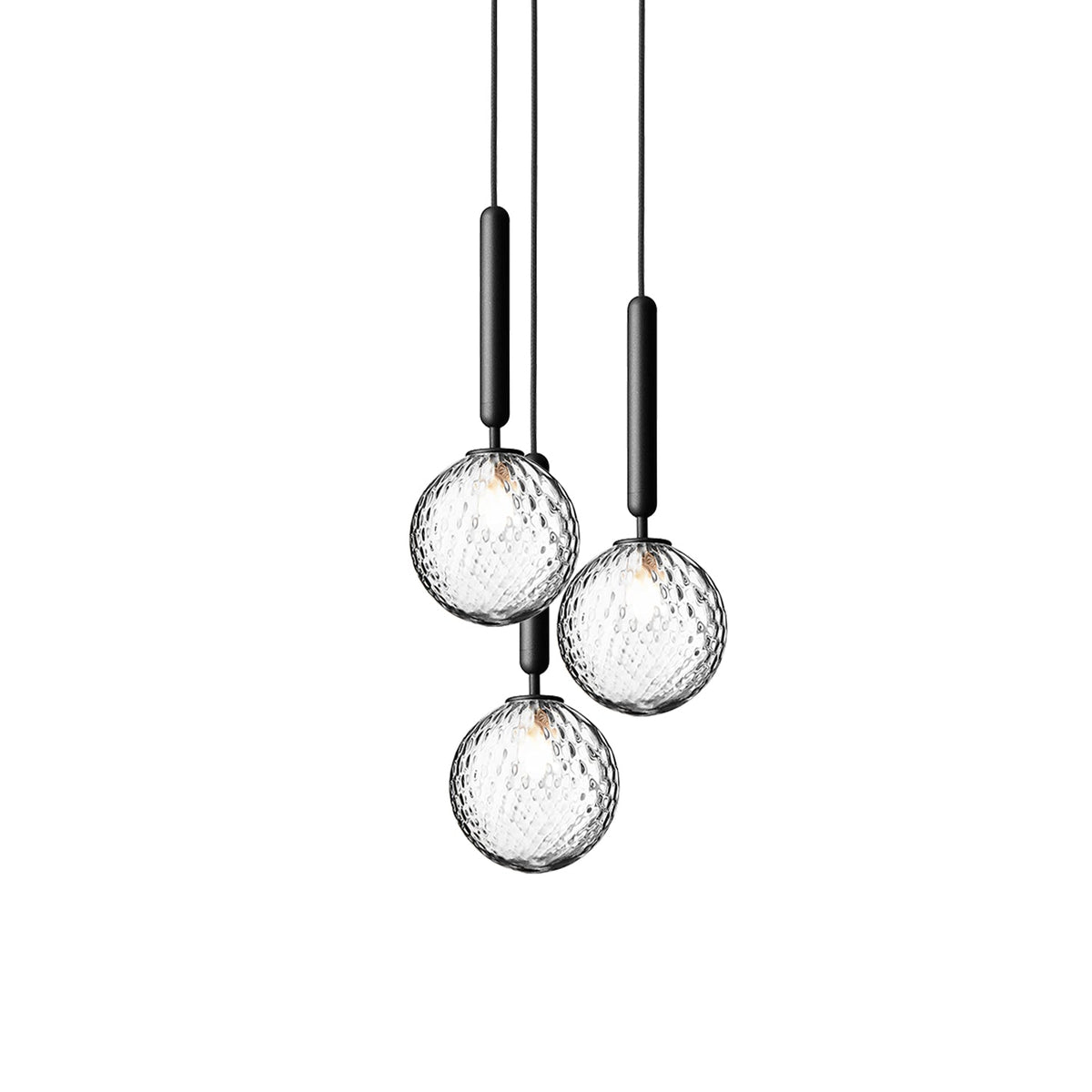 Three Clérachic pendants with clear textured globes on black rods, shown at different heights on white.