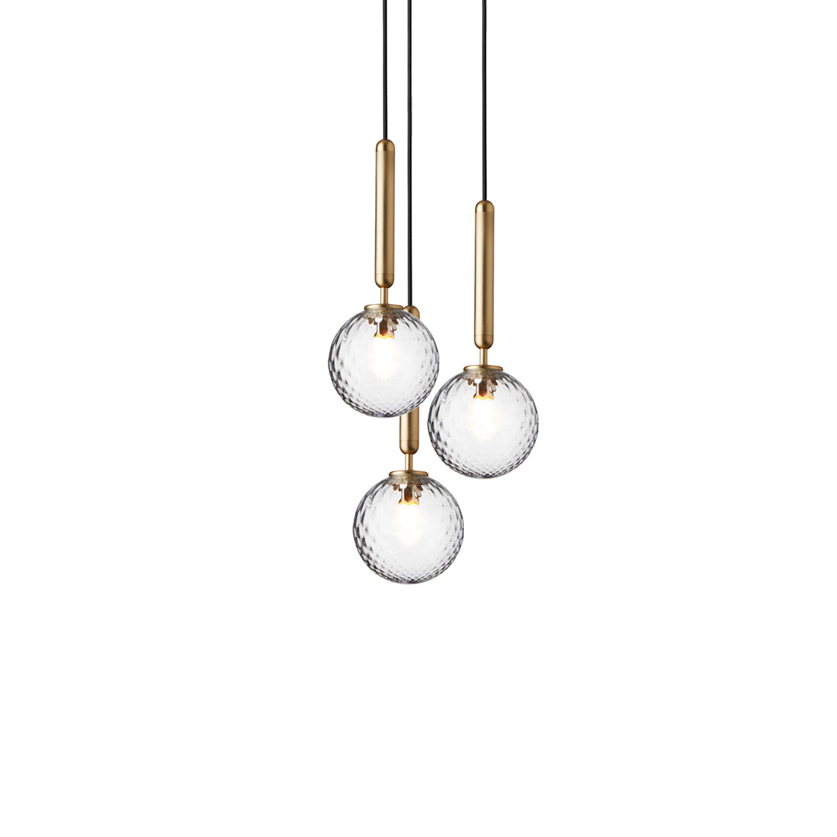 Three clear textured globes on brass rods, a Clérachic pendant trio shown at staggered heights on white.