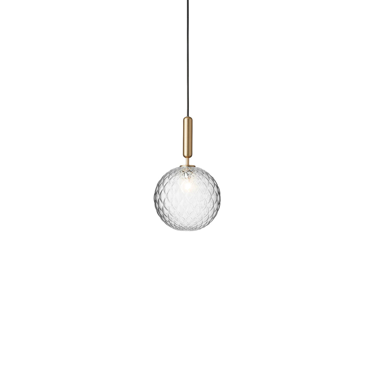 Clérachic pendant with a single clear textured globe and a brass rod, cut out on white.