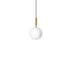 Clérachic pendant with one white opal globe and a brass rod on a slim cord, cut out on white.