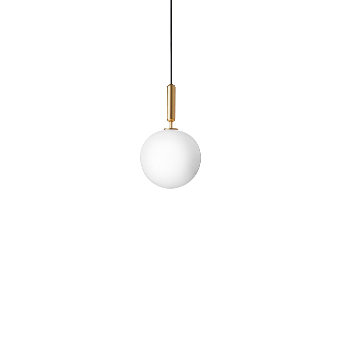 Clérachic pendant with one white opal globe and a brass rod on a slim cord, cut out on white.