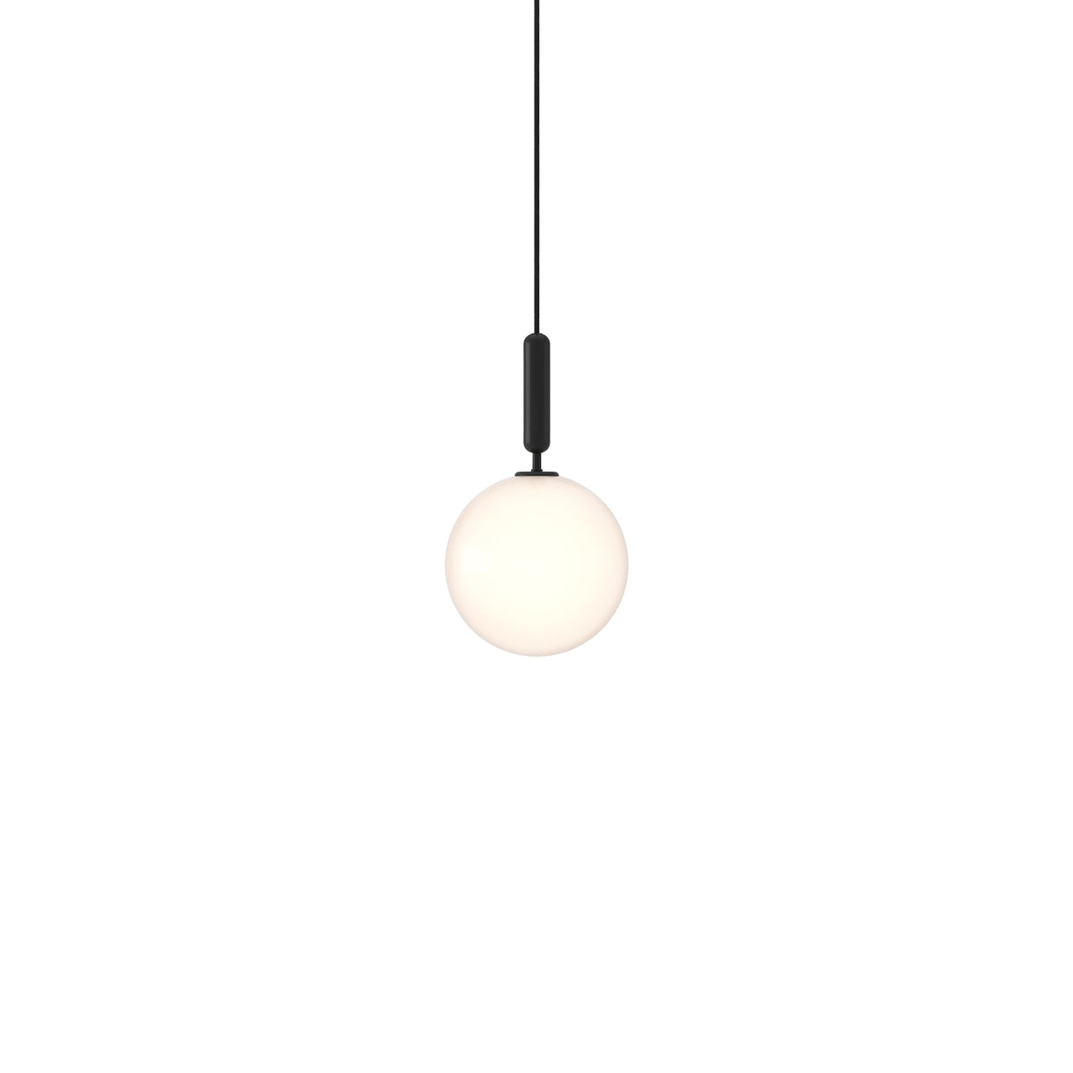 Clérachic pendant with a black rod and one white opal globe, shown lit on a plain white background.