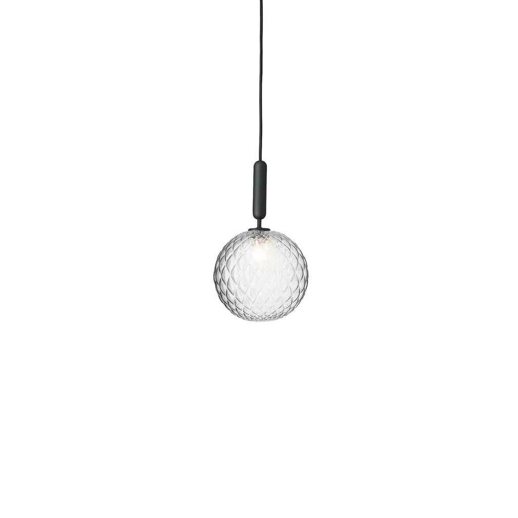Clérachic pendant with one clear textured globe on a black rod, shown unlit against white.