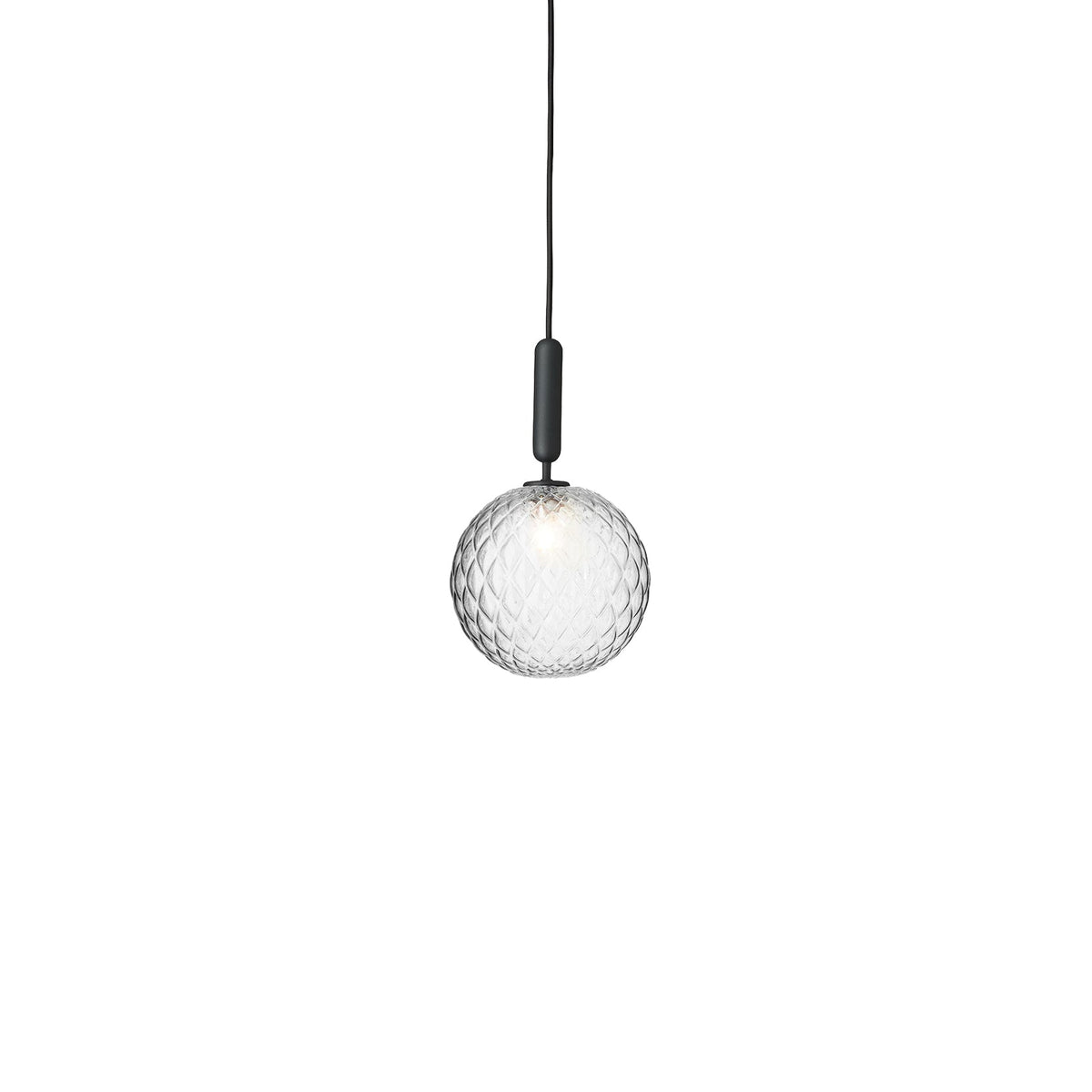 Clérachic pendant with one clear textured globe on a black rod, shown unlit against white.