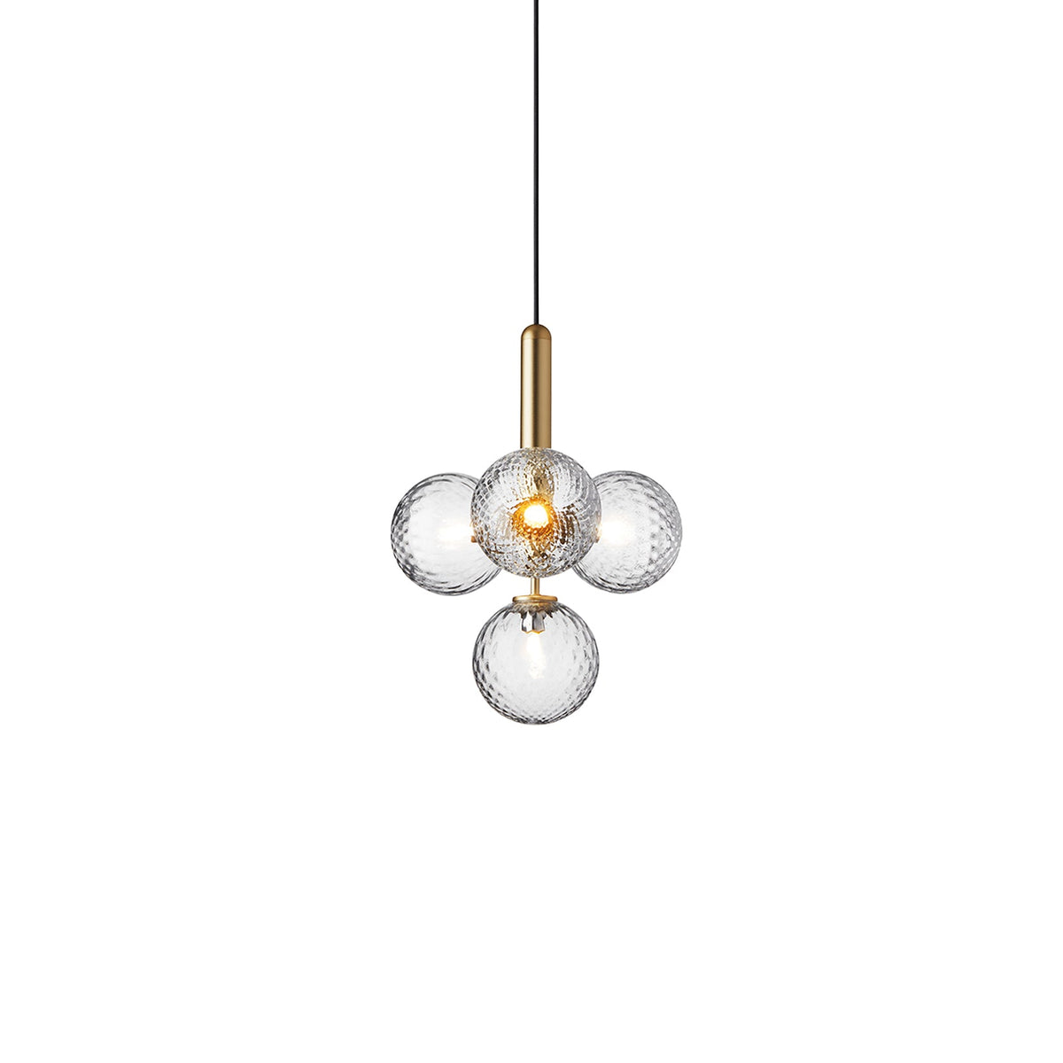 A Clérachic pendant with a single clear four-globe cluster and brass rod, glass textured and lit within.