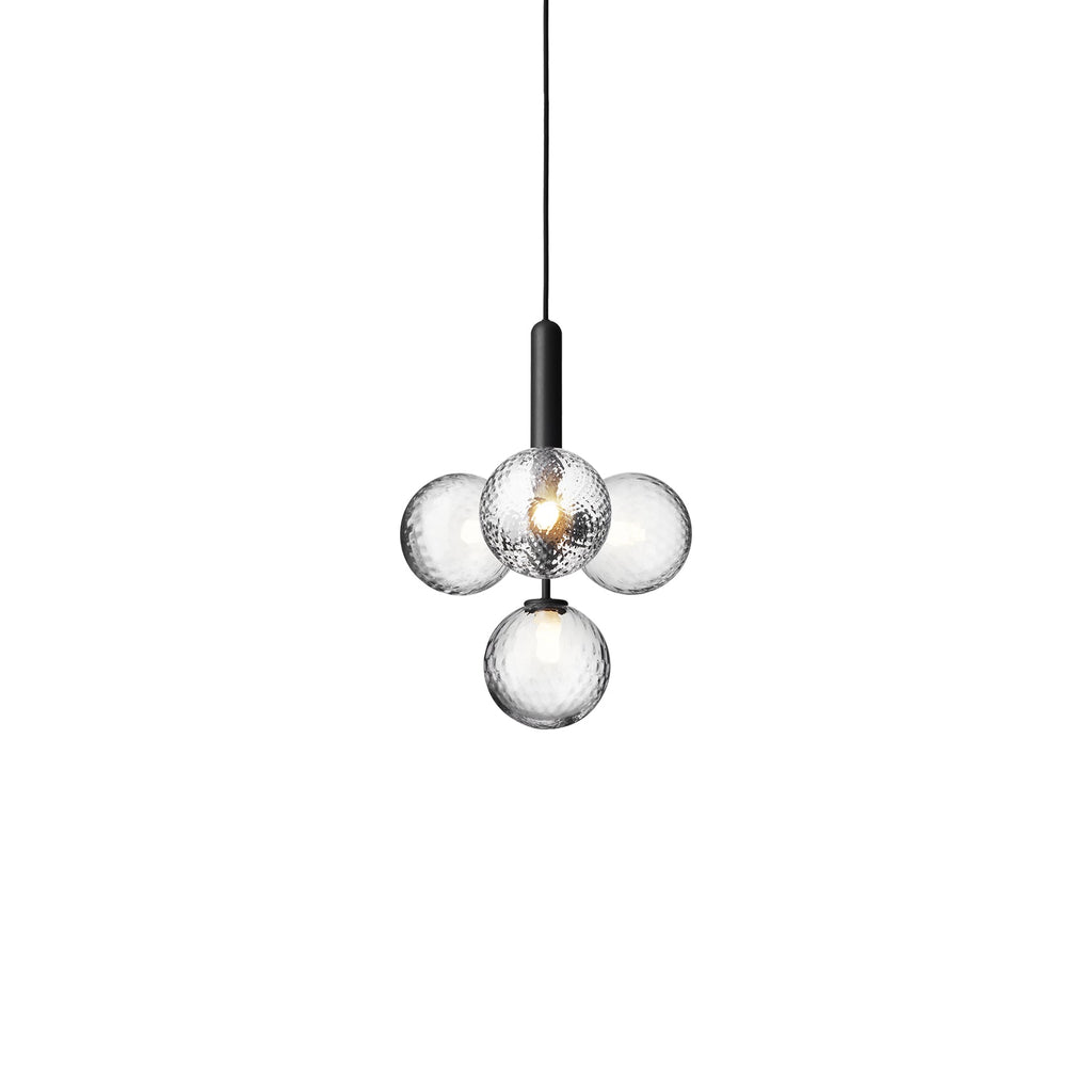 Clérachic cluster pendant with four clear globes on a black rod, shown against a plain white background.