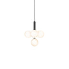 Clérachic four-globe cluster pendant with white opal glass and a black rod, cut out on a white background.