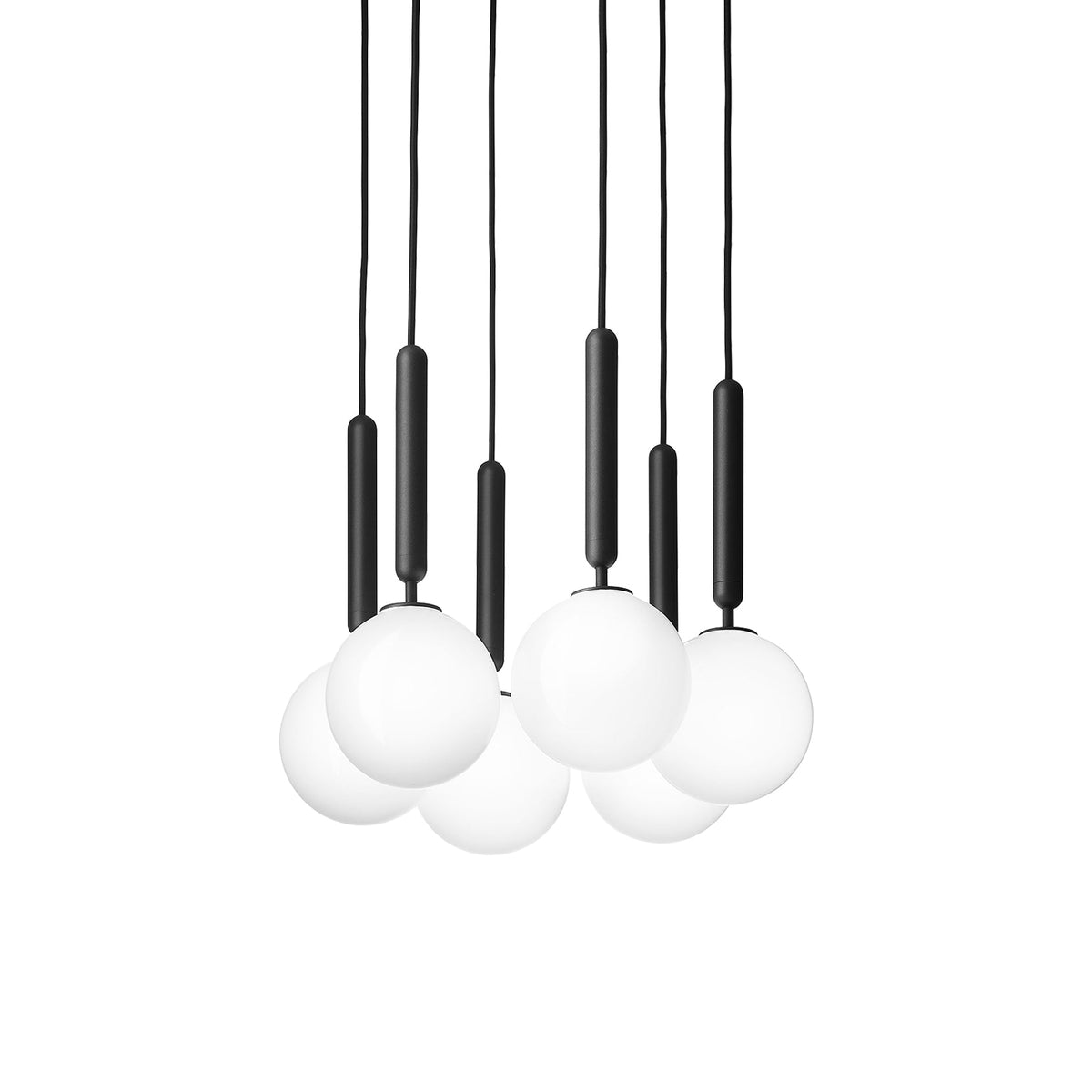 Six black-rod Clérachic pendants with white opal globes hang closely in a dense cluster on white.