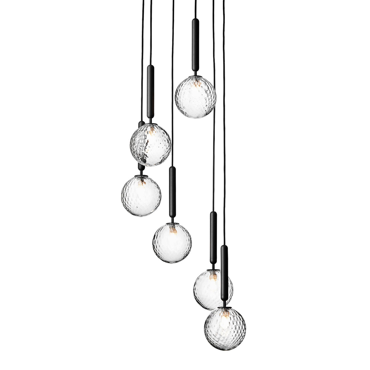 Clérachic cluster pendants with clear textured globes and black rods, shown unlit on a plain white backdrop.