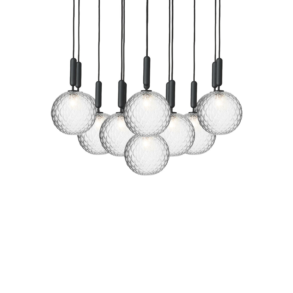 A dense Clérachic canopy with clear textured globes on black rods, shown from just below on white.
