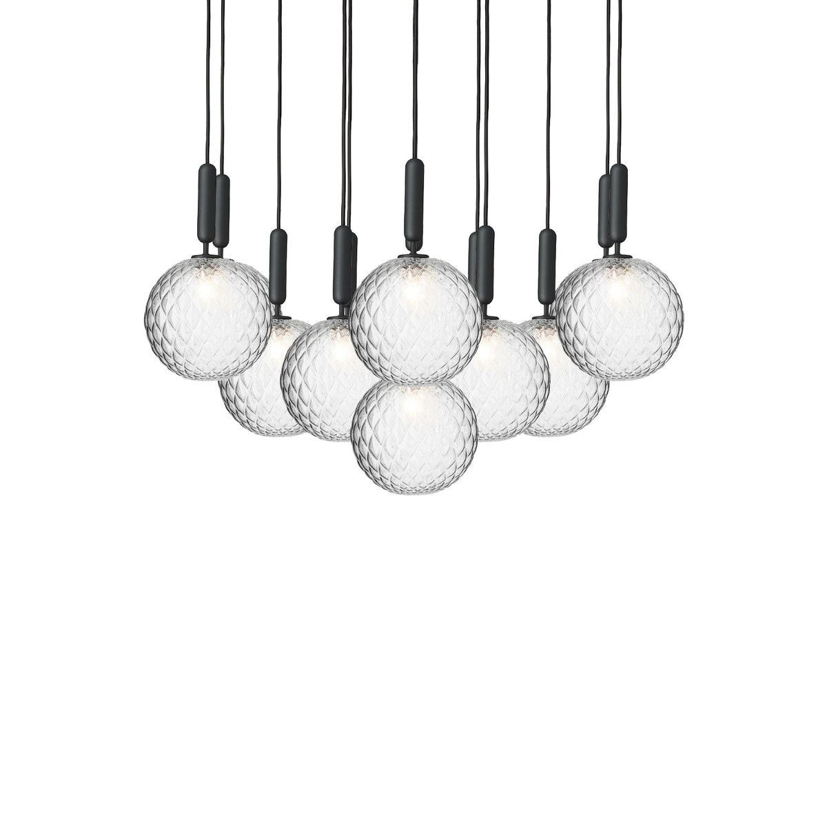 A dense Clérachic canopy with clear textured globes on black rods, shown from just below on white.