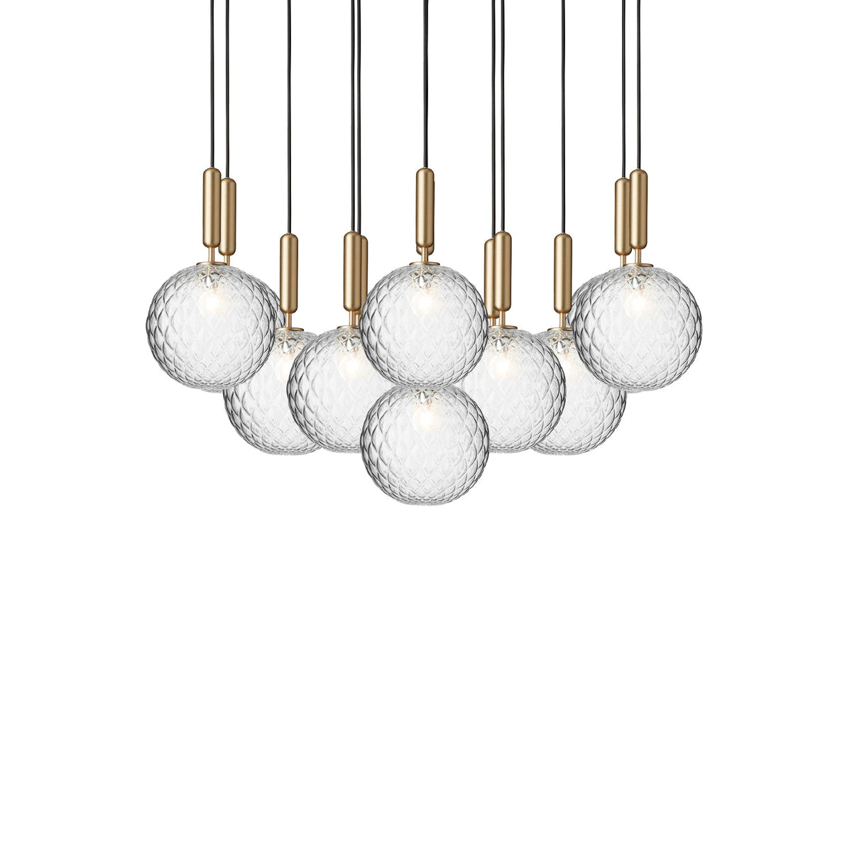 Wide Clérachic cluster of pendants with clear globes on brass rods, shown unlit on a white background.