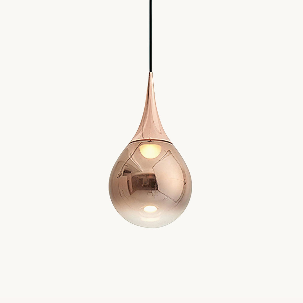 Teardrop glass shade with a rose gold fitting on a black cord, this Clérachic pendant shown against a plain off-white backdrop.