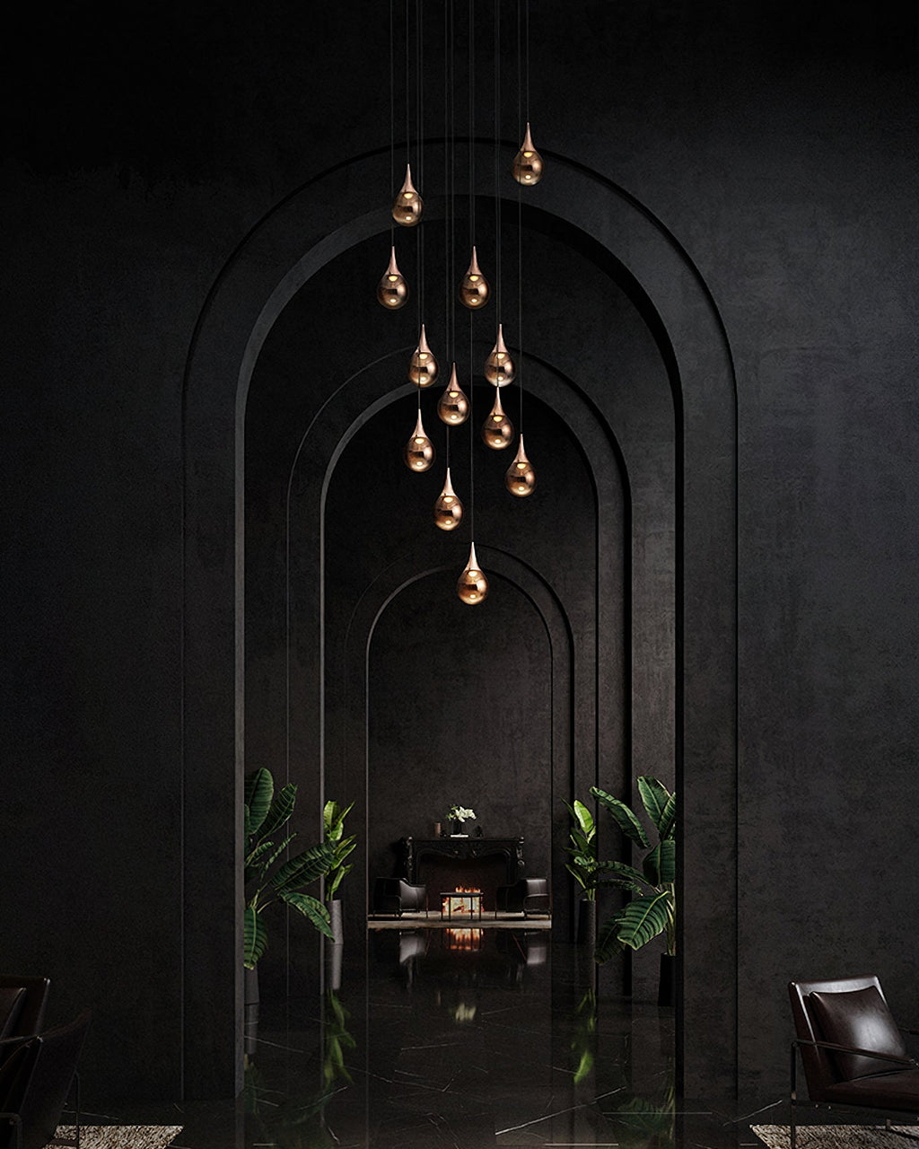A tall cluster of rose gold Clérachic pendants hangs down a dark arched hallway, with green plants and a seat far beyond.