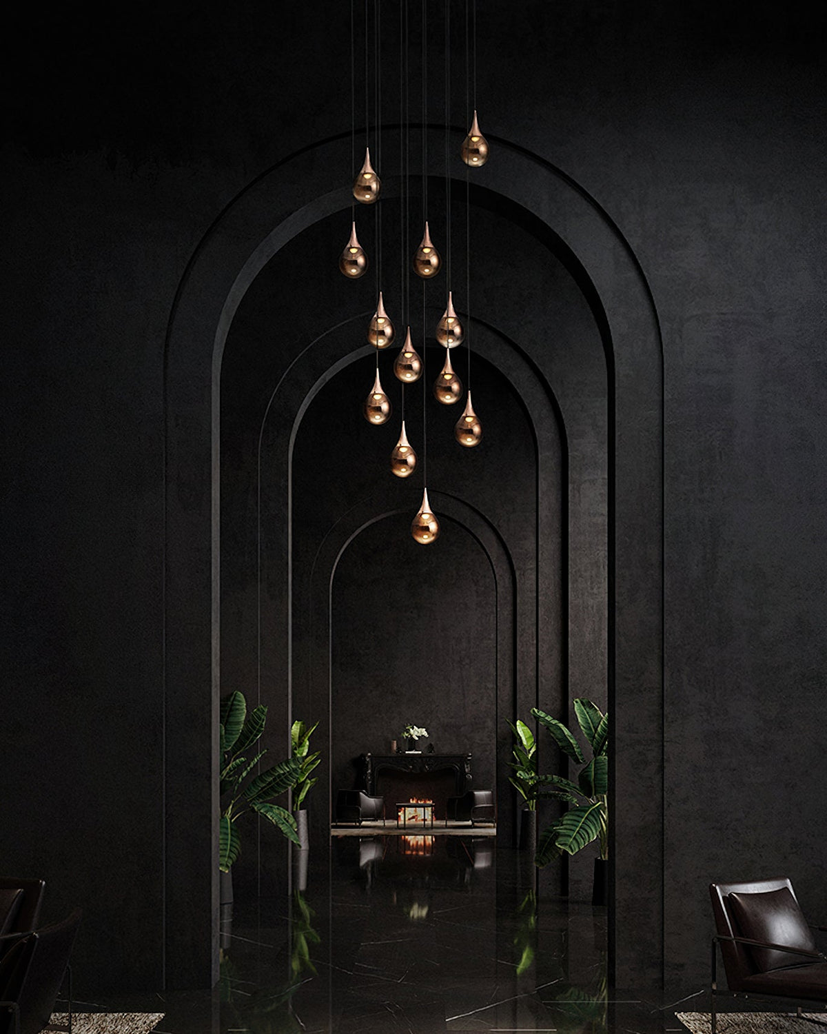 A tall cluster of rose gold Clérachic pendants hangs down a dark arched hallway, with green plants and a seat far beyond.