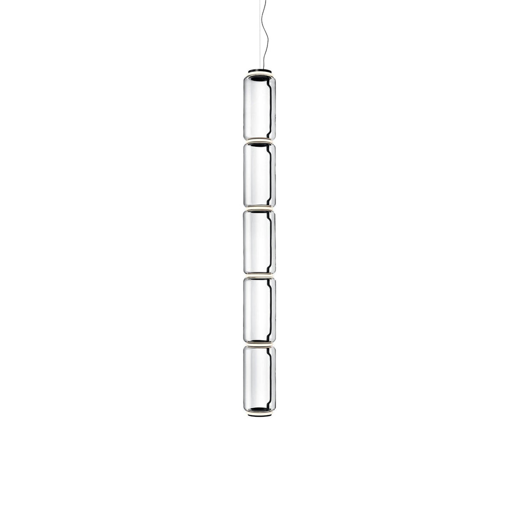 Five stacked clear glass cylinders with dark rings, this Clérachic pendant seen full-length on a plain white backdrop.