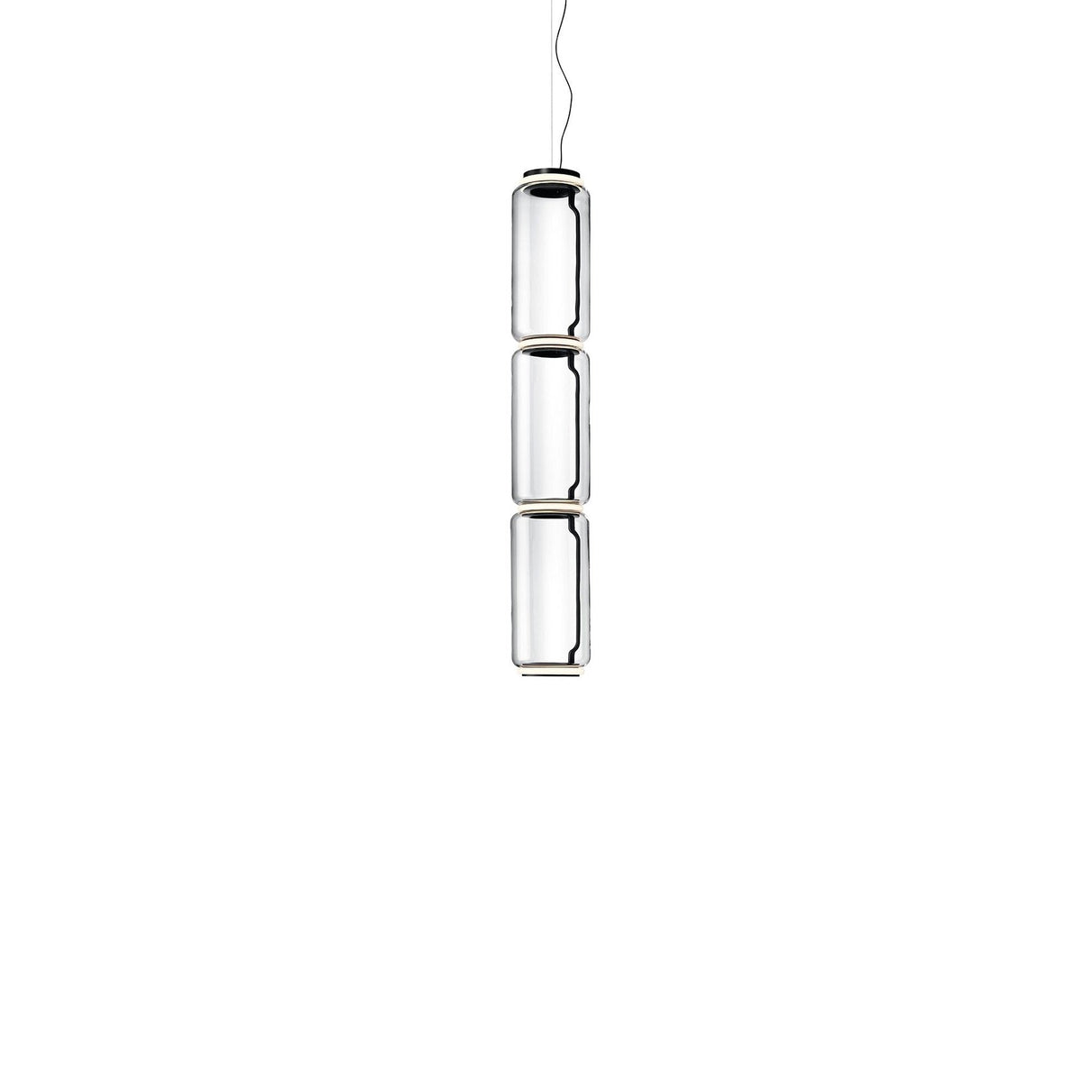 Three stacked glass cylinders hanging from a thin cable, this Clérachic pendant on a plain white backdrop.