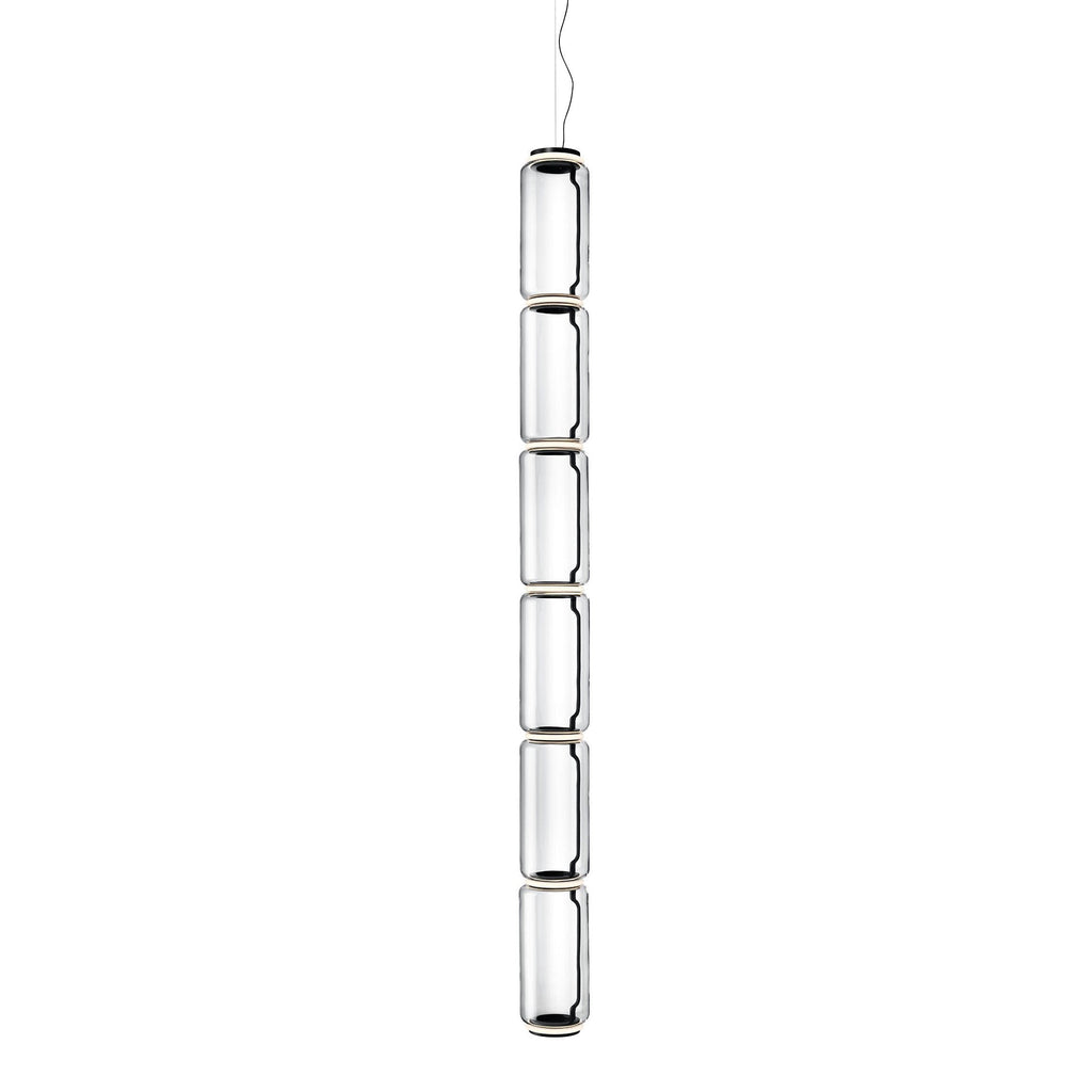 Six stacked glass cylinders, this long Clérachic pendant shown full-length on a plain white backdrop.