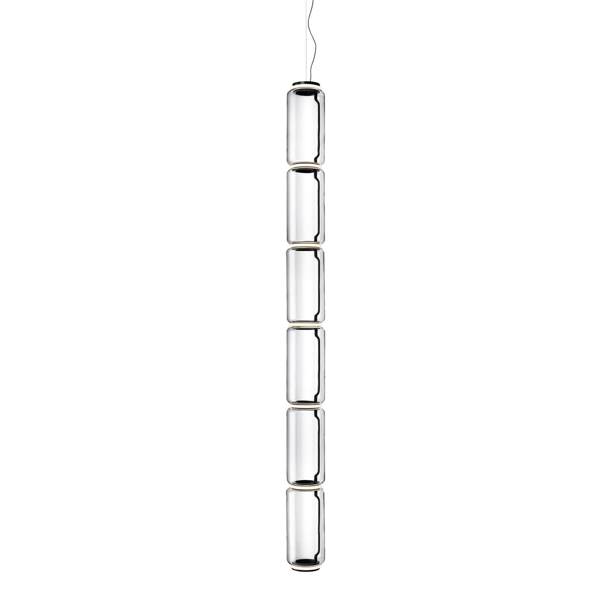 Six stacked glass cylinders, this long Clérachic pendant shown full-length on a plain white backdrop.