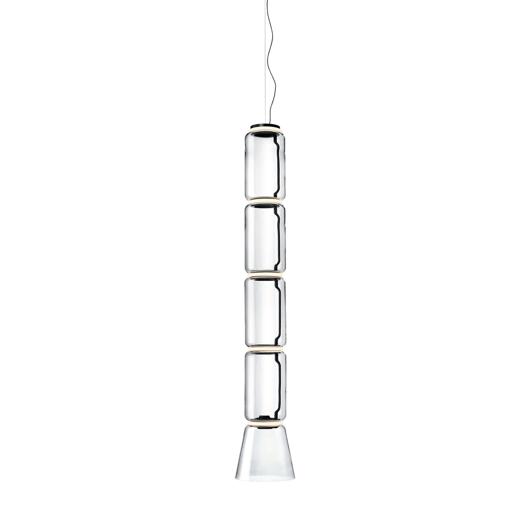 Four stacked glass cylinders ending in a clear cone, this Clérachic pendant on a plain white backdrop.