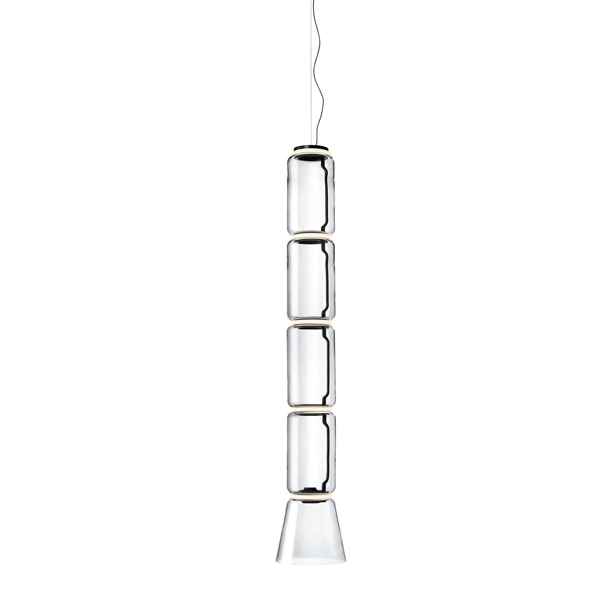 Four stacked glass cylinders ending in a clear cone, this Clérachic pendant on a plain white backdrop.