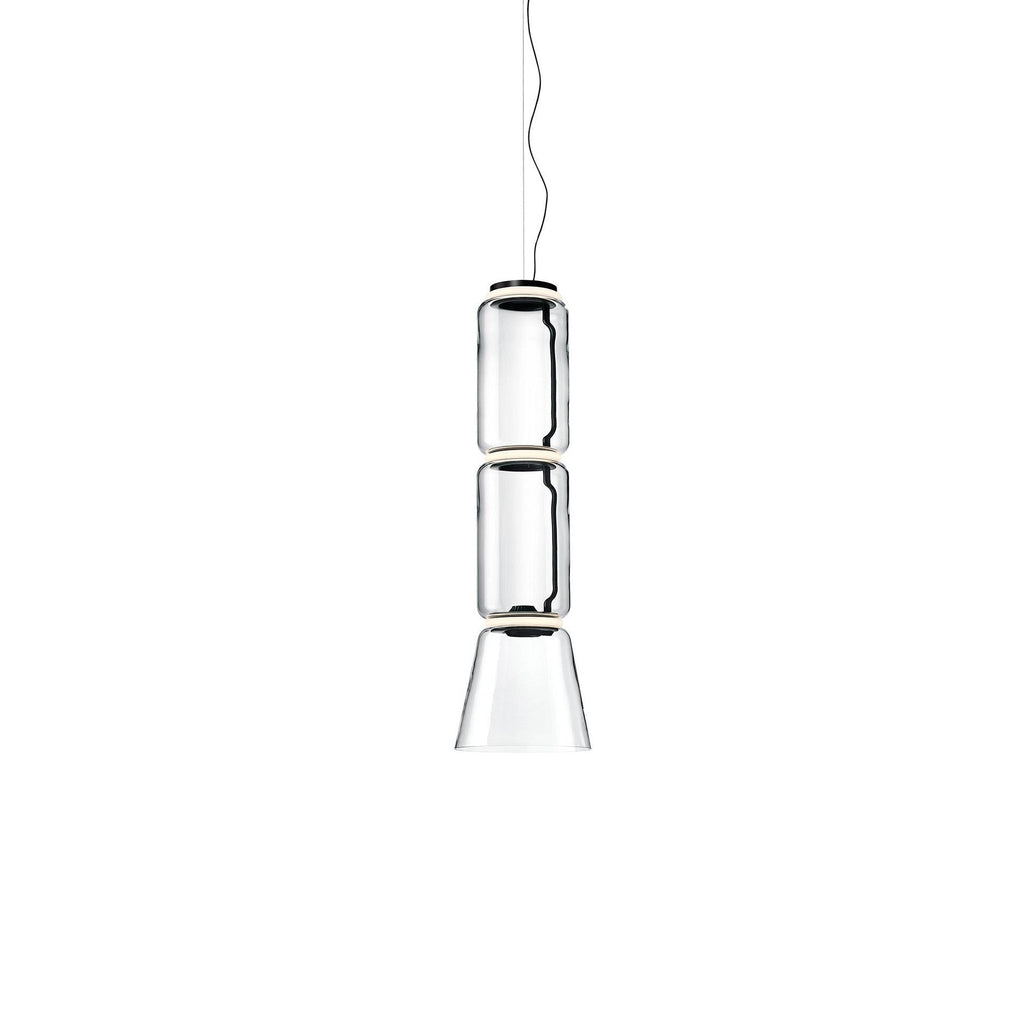 Two stacked glass cylinders over a flared cone, this Clérachic pendant on a plain white backdrop.