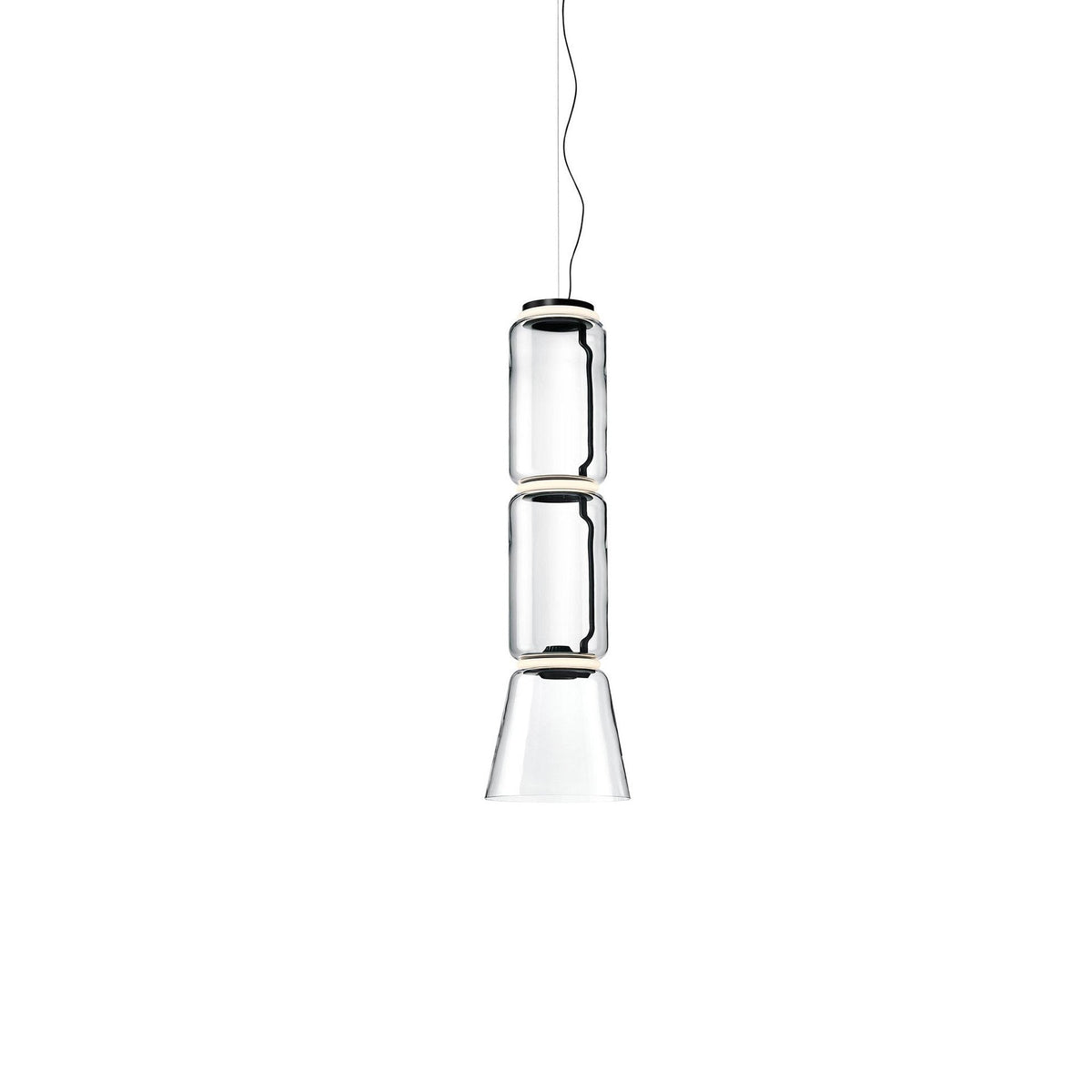 Two stacked glass cylinders over a flared cone, this Clérachic pendant on a plain white backdrop.