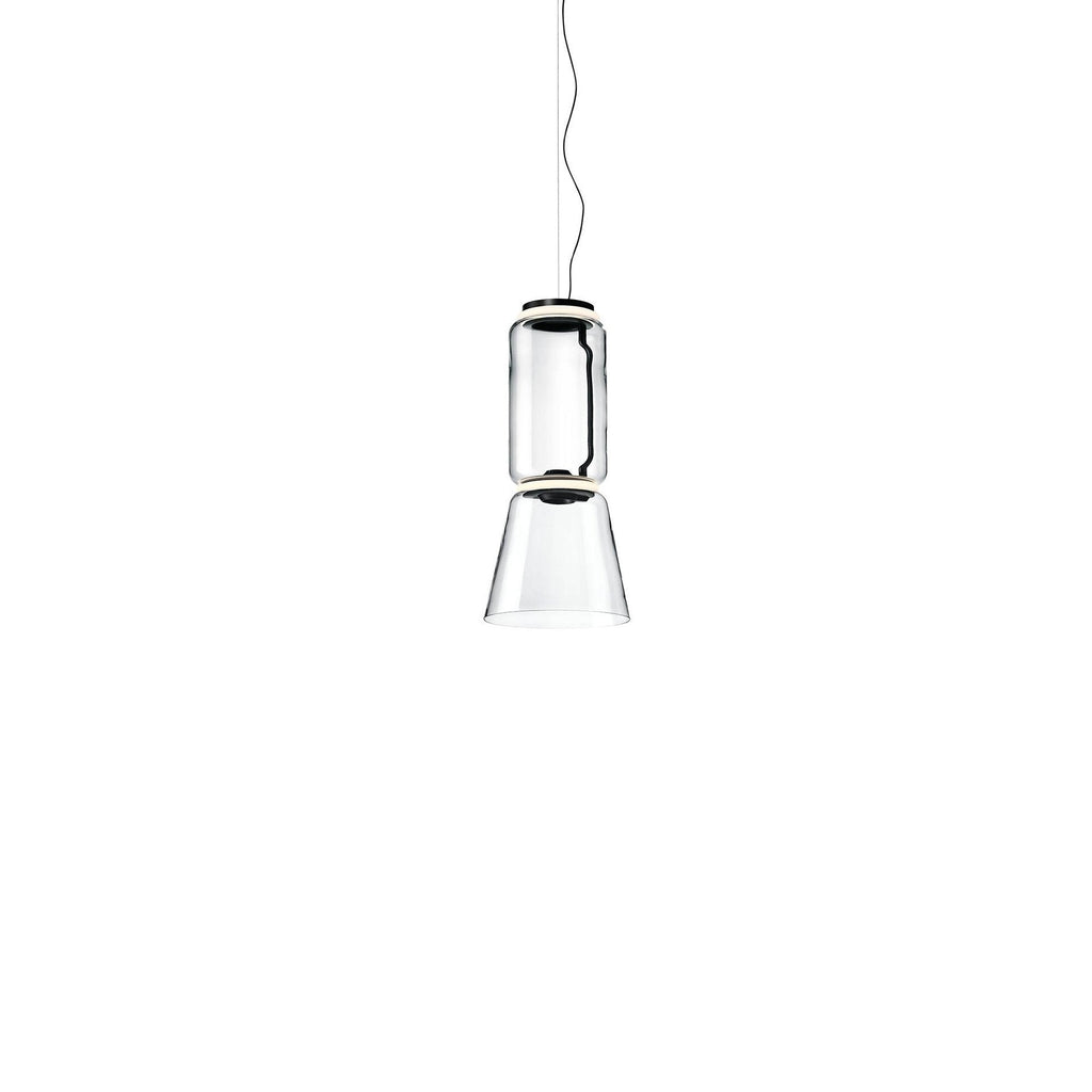 One glass cylinder over a flared cone, this short Clérachic pendant on a plain white backdrop.