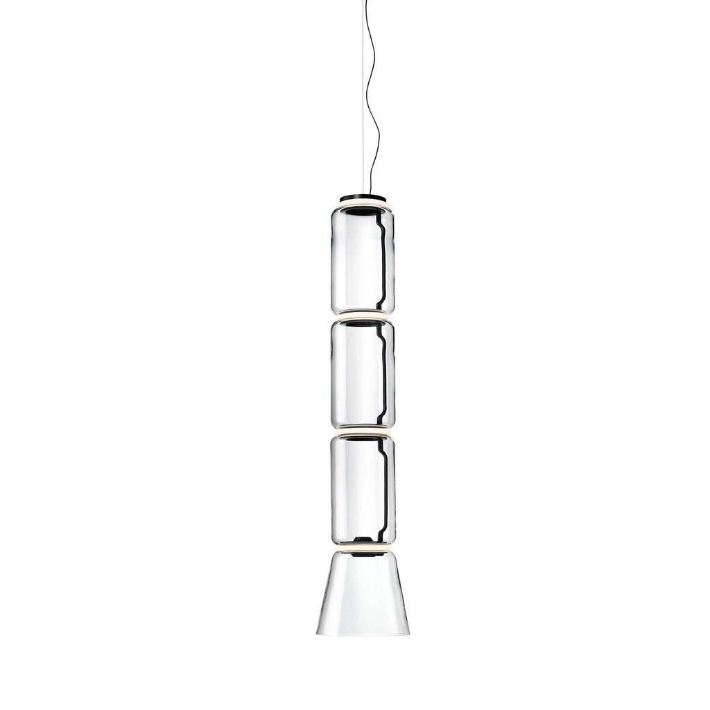 Three stacked glass cylinders over a flared cone, this tall Clérachic pendant on a plain white backdrop.