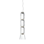 Three stacked glass cylinders over a flared cone, this tall Clérachic pendant on a plain white backdrop.