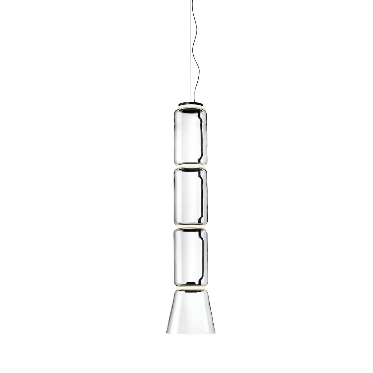 Three stacked glass cylinders over a flared cone, this tall Clérachic pendant on a plain white backdrop.