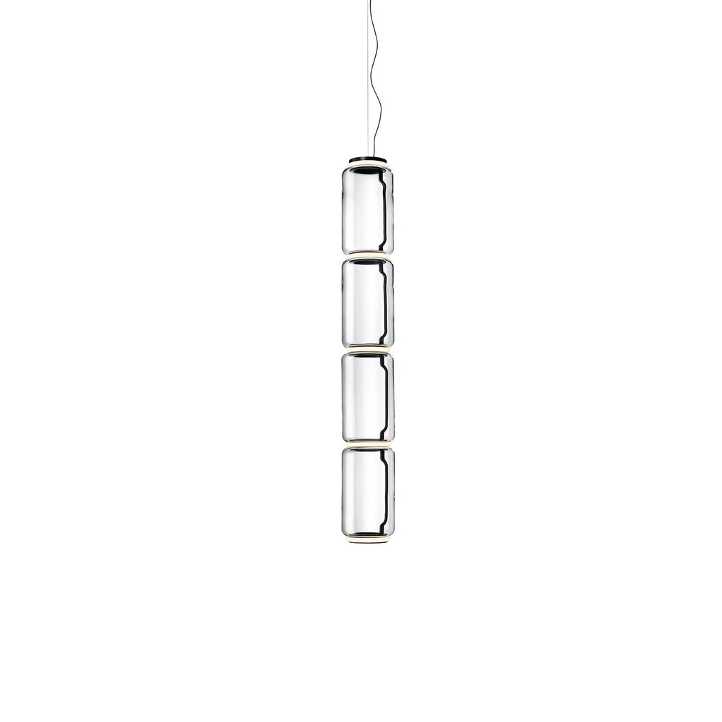 Four clear glass cylinders stacked on a thin cable, this Clérachic pendant on a plain white backdrop.
