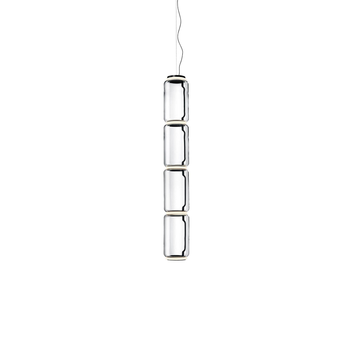 Four clear glass cylinders stacked on a thin cable, this Clérachic pendant on a plain white backdrop.