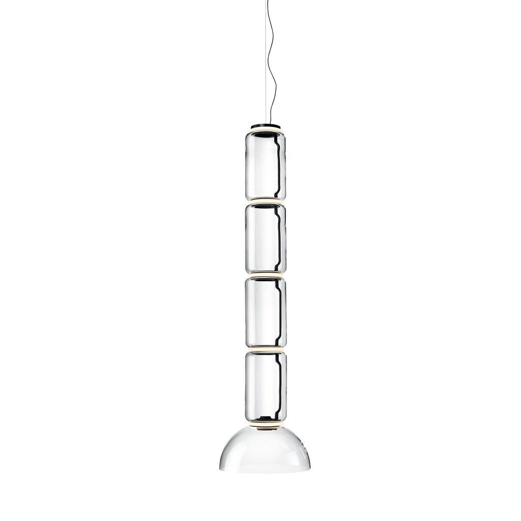 Four stacked glass cylinders over a wide, shallow dome, this Clérachic pendant on a plain white backdrop.