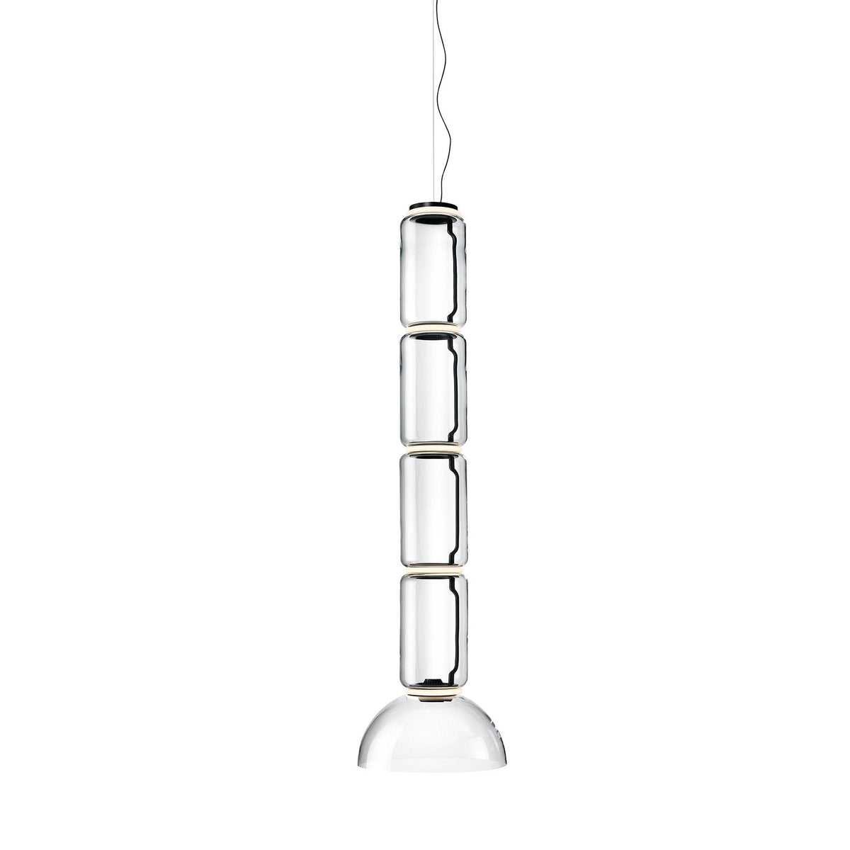 Four stacked glass cylinders over a wide, shallow dome, this Clérachic pendant on a plain white backdrop.