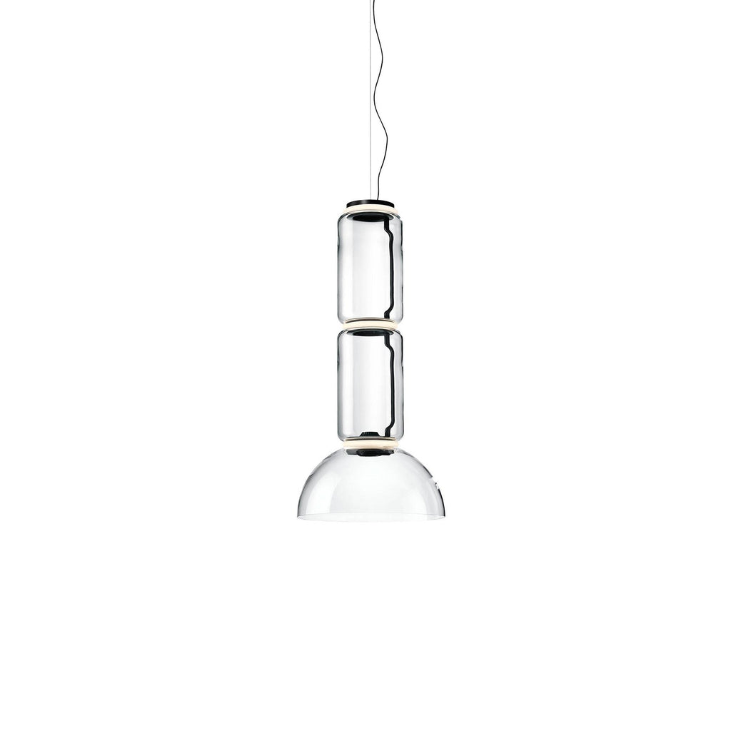 Two stacked glass cylinders over a wide, shallow dome, this Clérachic pendant on a plain white backdrop.