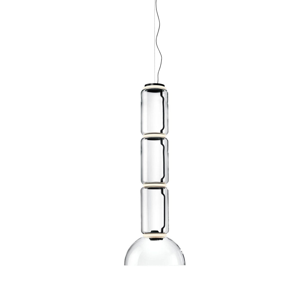 Three stacked glass cylinders over a wide, shallow dome, this Clérachic pendant on a plain white backdrop.